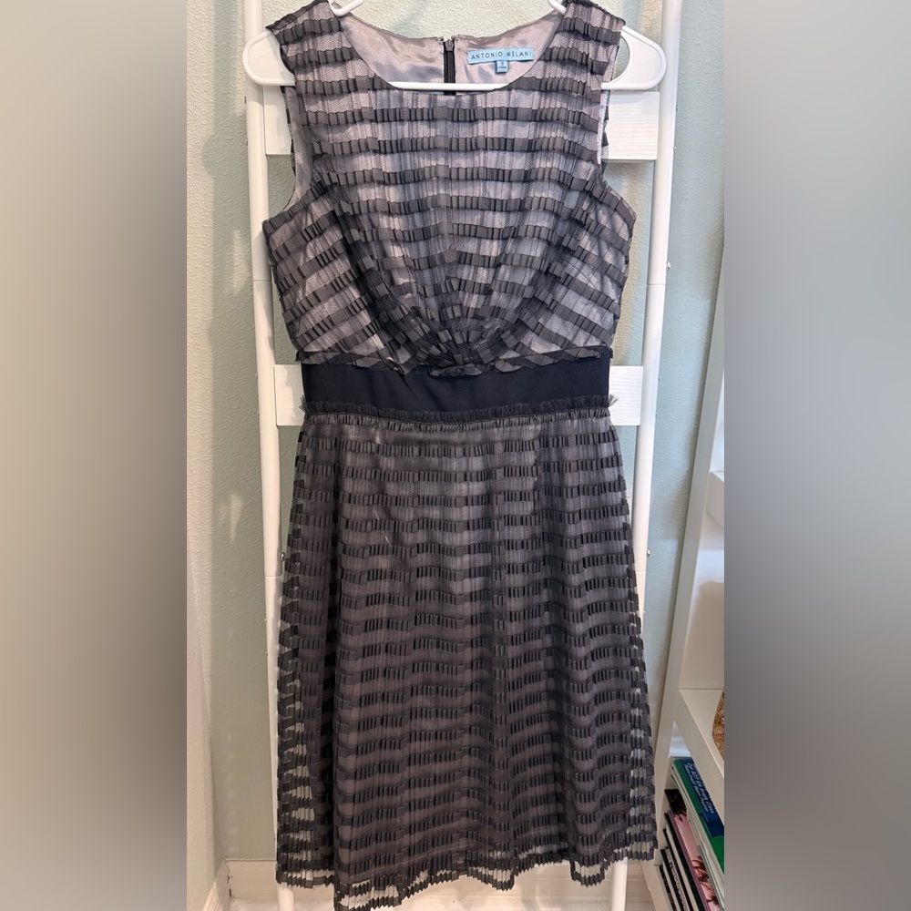 ANTONIO MELANI Black and Gray Striped Midi Dress